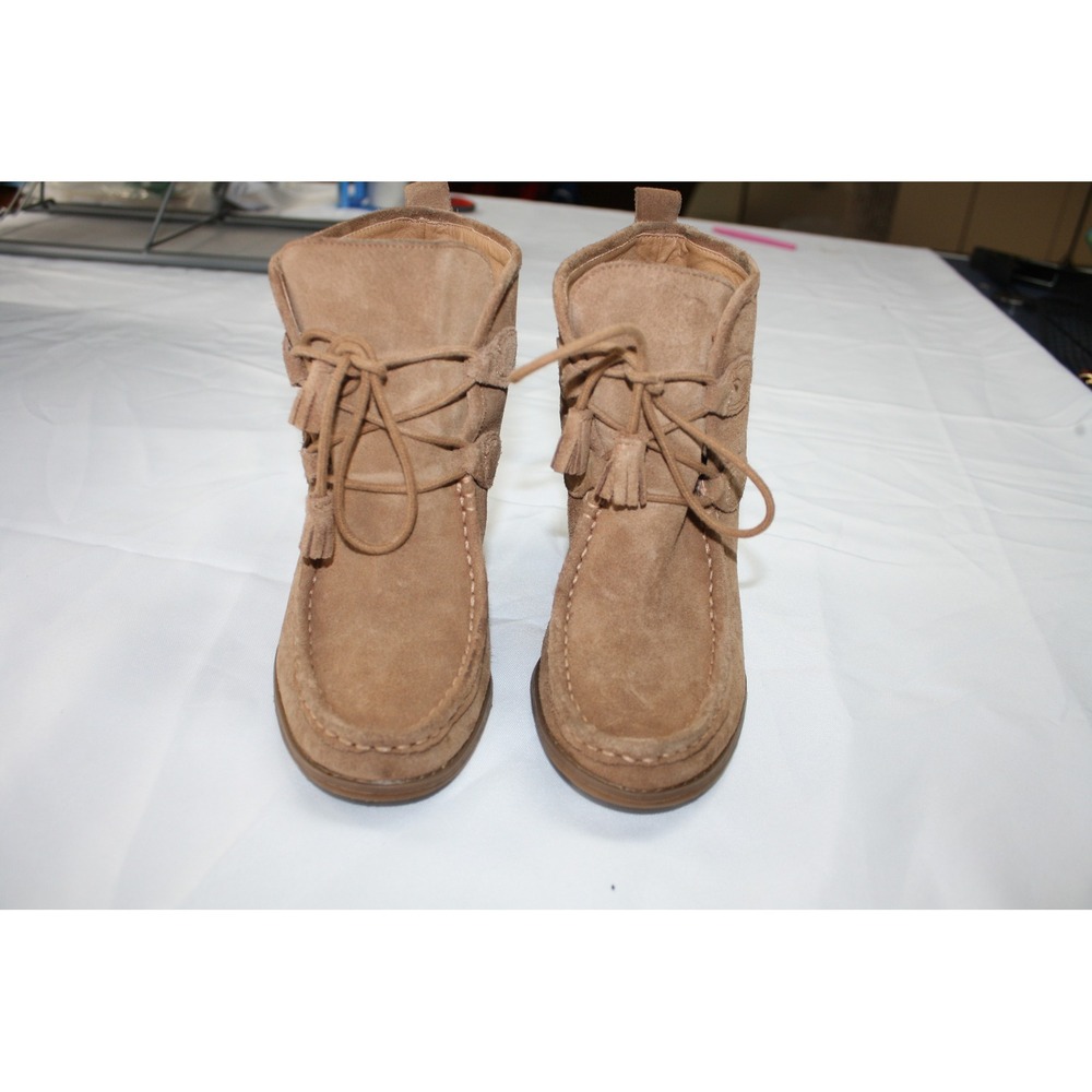 Lucky Brand Yaney Tan Suede Wedge Booties Lace Up Tassel Ankle Boots Womens 8.5 - Picture 6 of 8